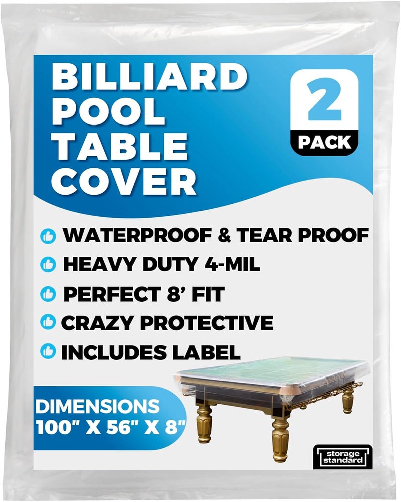 Storage Standard 2-Pack Billiard & Pool Table Cover 8 Feet - Reusable Heavy-Duty Clear Plastic, Standard 8ft Pool Table Covers, Waterproof Cover for Storage, Moving, & Dust Protection, 100" x 56" x 8" - Image 2